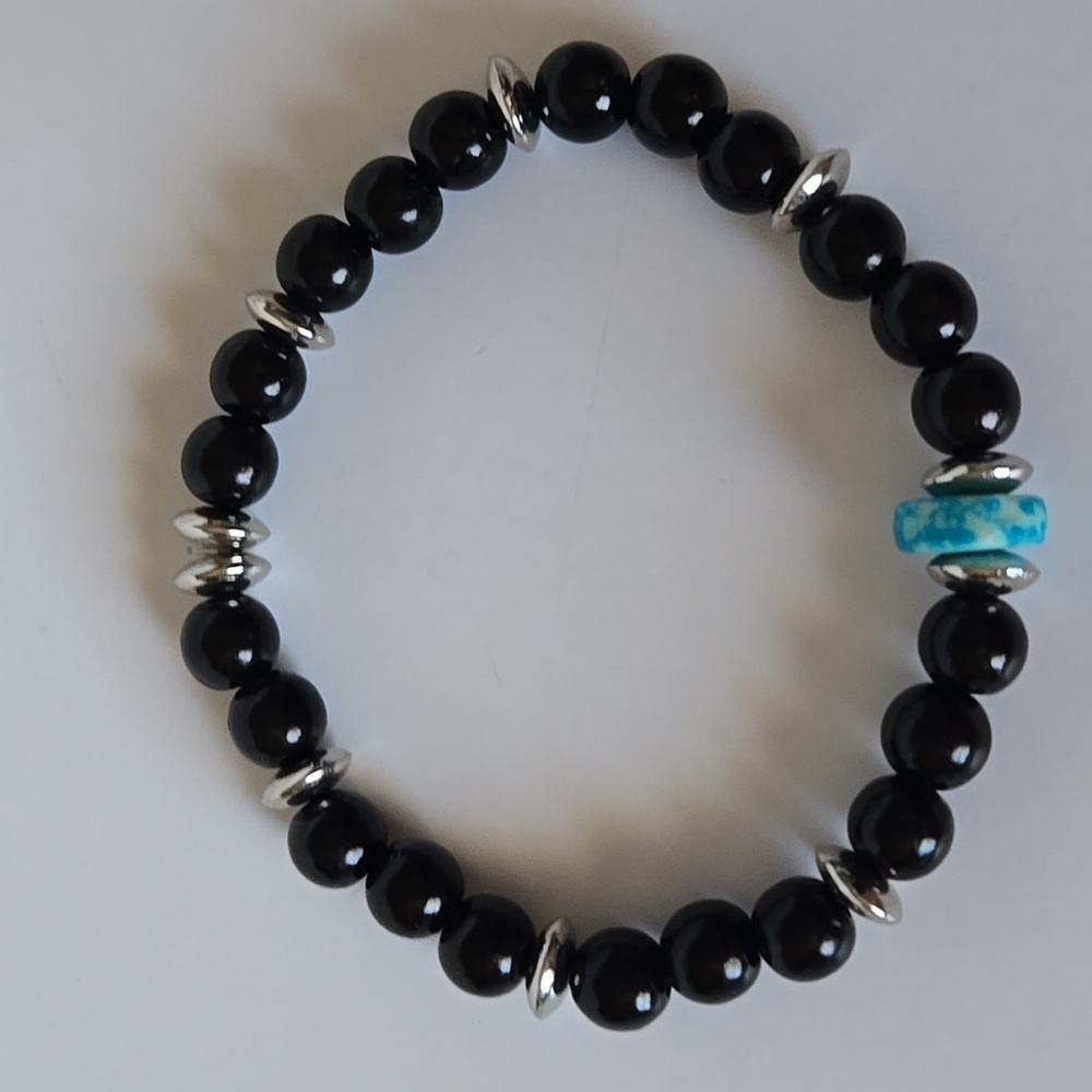 Handmade Black Onyx with Turquoise Beaded Bracelet Size Approximately 7.5 Inches